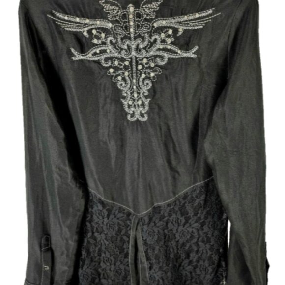 NEW Women's Buckle Black Long Sleeve Blouse Y2K Gem Stone Snaps Crystals Western - Picture 13 of 13